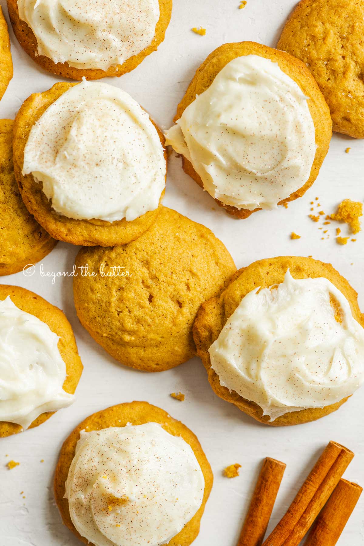 Plain and cream cheese frosted pumpkin cinnamon cookies with cinnamon sticks randomly place bottom right on a white background | All Images © Beyond the Butter™
