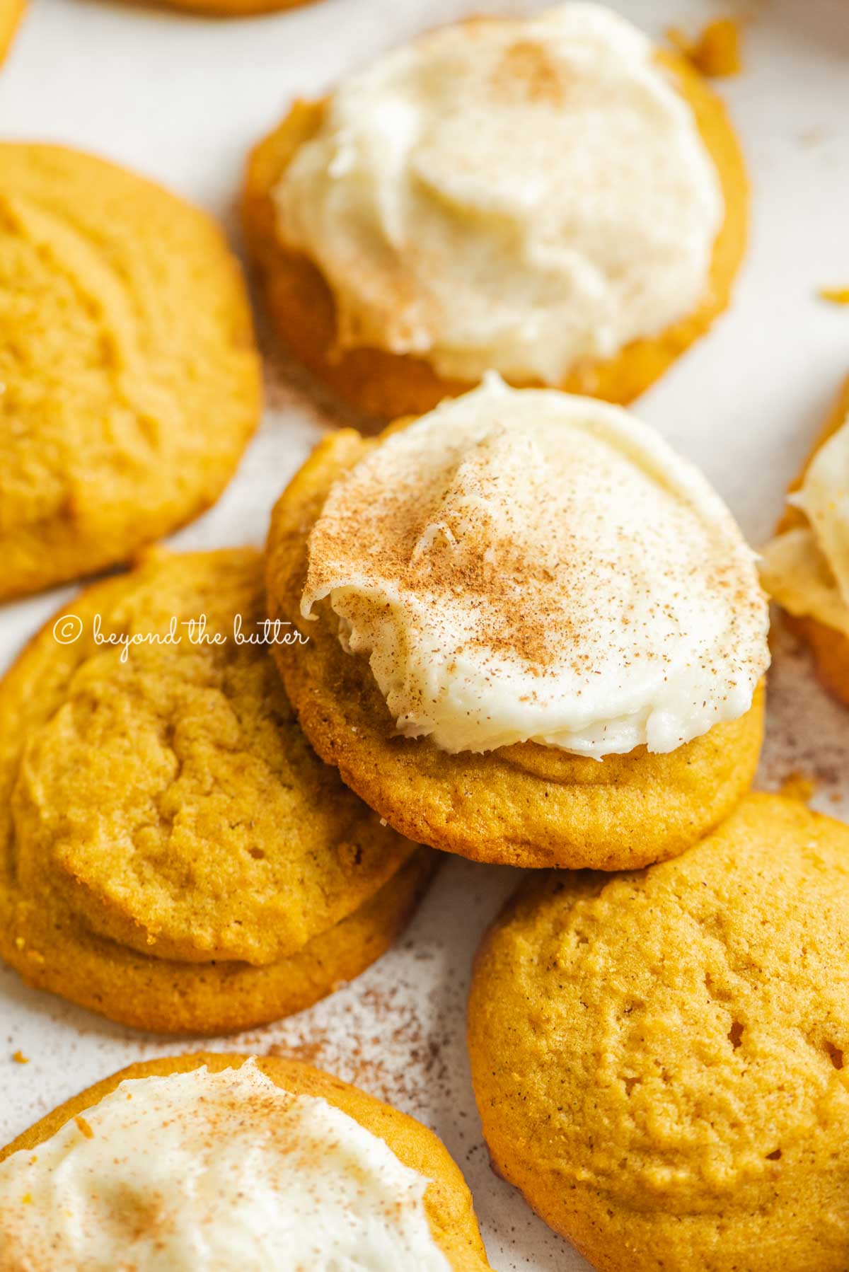 Plain and cream cheese frosted pumpkin cinnamon cookies dusted with cinnamon sugar and pumpkin pie spice on a white background | All Images © Beyond the Butter™