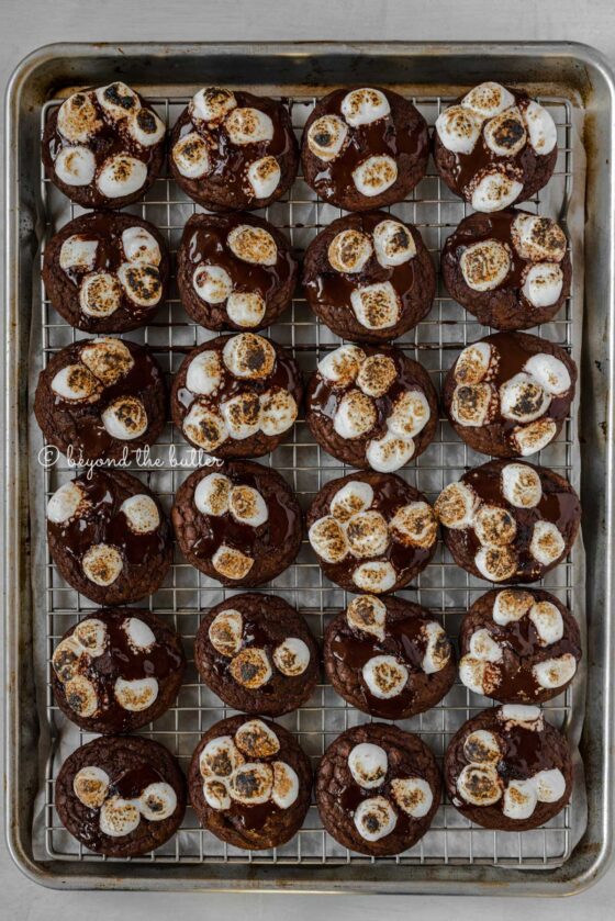 Overhead image of hot chocolate mini marshmallow cookies on a cooling rack lined baking sheet | All Images © Beyond the Butter™