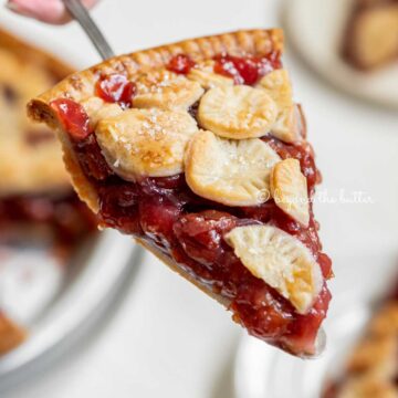 Hand holding a slice of homemade cherry pie with slices in the background | All Images © Beyond the Butter™