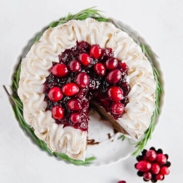 Gingerbread Cake | Overhead photo of Gingerbread Cake with Maple Buttercream Frosting and Cranberry Compote | Image Credit: Beyond the Butter, LLC