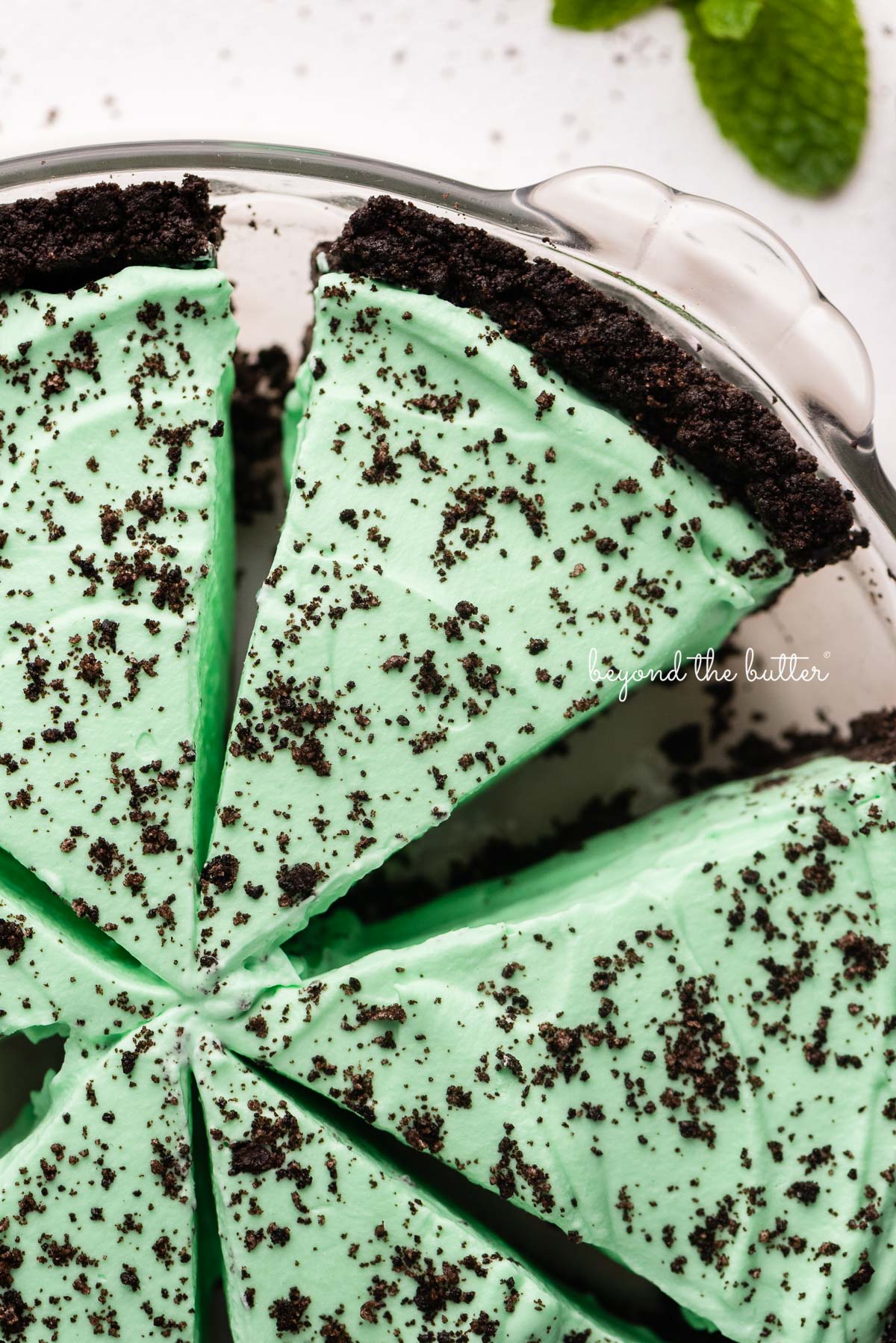 Slices of no bake mint chocolate pie in a glass pie plate on white background.