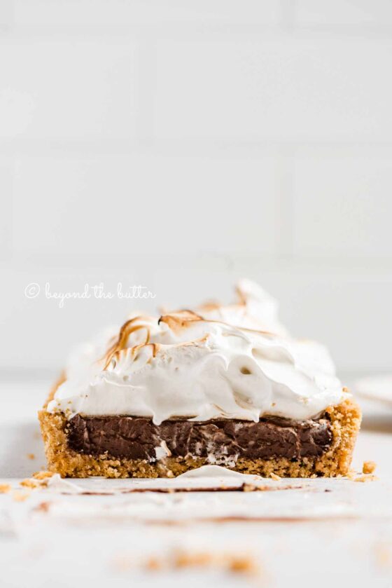 Profile view of sliced Chocolate Marshmallow Tart | All Images © Beyond the Butter™