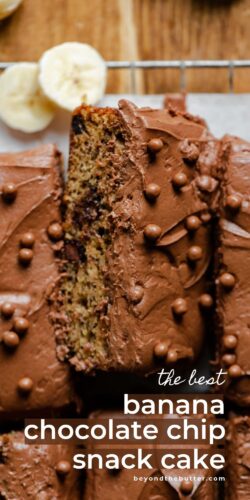 Images of banana chocolate chip snack cake with chocolate cream cheese frosting from Beyond the Butter®.