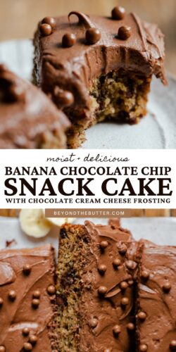 Images of banana chocolate chip snack cake with chocolate cream cheese frosting from Beyond the Butter®.