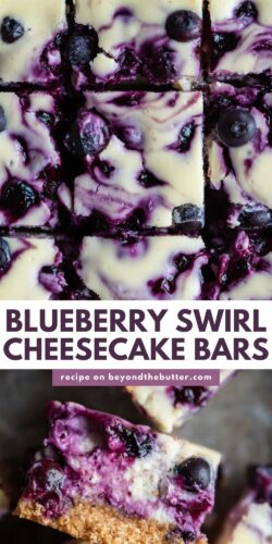 Images of blueberry swirl cheesecake bars from Beyond the Butter®.