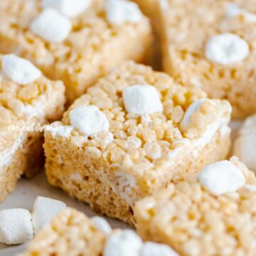 Closeup angled image of the best rice krispie treats | All Images © Beyond the Butter™