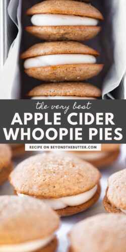 Images of apple cider whoopie pies in a parchment lined loaf pan from Beyond the Butter®.