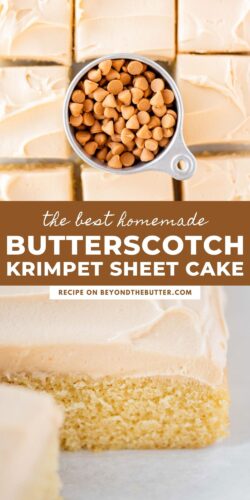 Slices of butterscotch krimpet sheet cake with measuring cup full of butterscotch chips in the center.