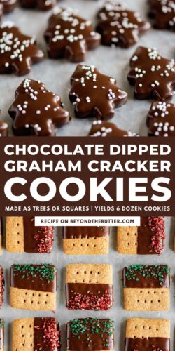 Images of chocolate dipped graham cracker cookies on a cookie sheet.