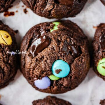 Closeup overhead image of double chocolate chunk cookies | All Images © Beyond the Butter™