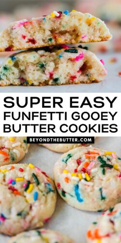 Two images of funfetti butter cookies from Beyond the Butter® with text.