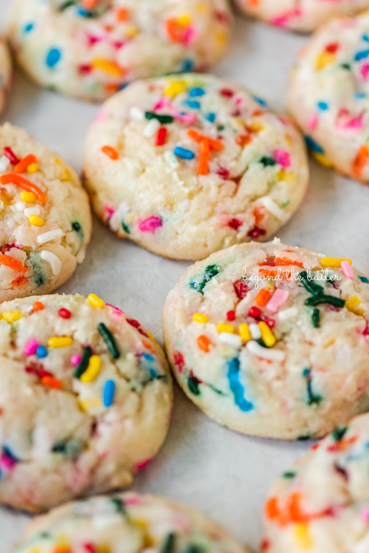 Funfetti butter cookies lined up on white parchment paper.