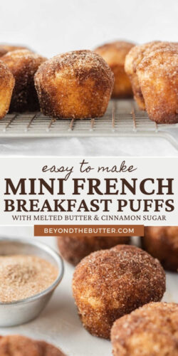 Pinterest images of mini french breakfast puffs on a white background.