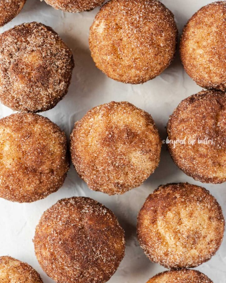 Overhead image of cinnamon sugar breakfast muffins on a white background.