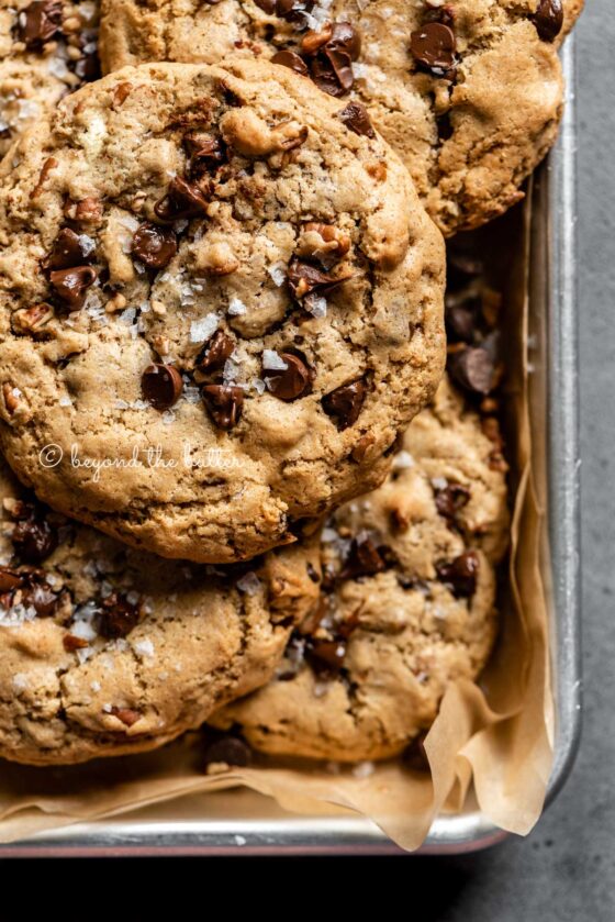 Baking sheet of almond butter chocolate chip pecan cookies | All images © Beyond the Butter™ 