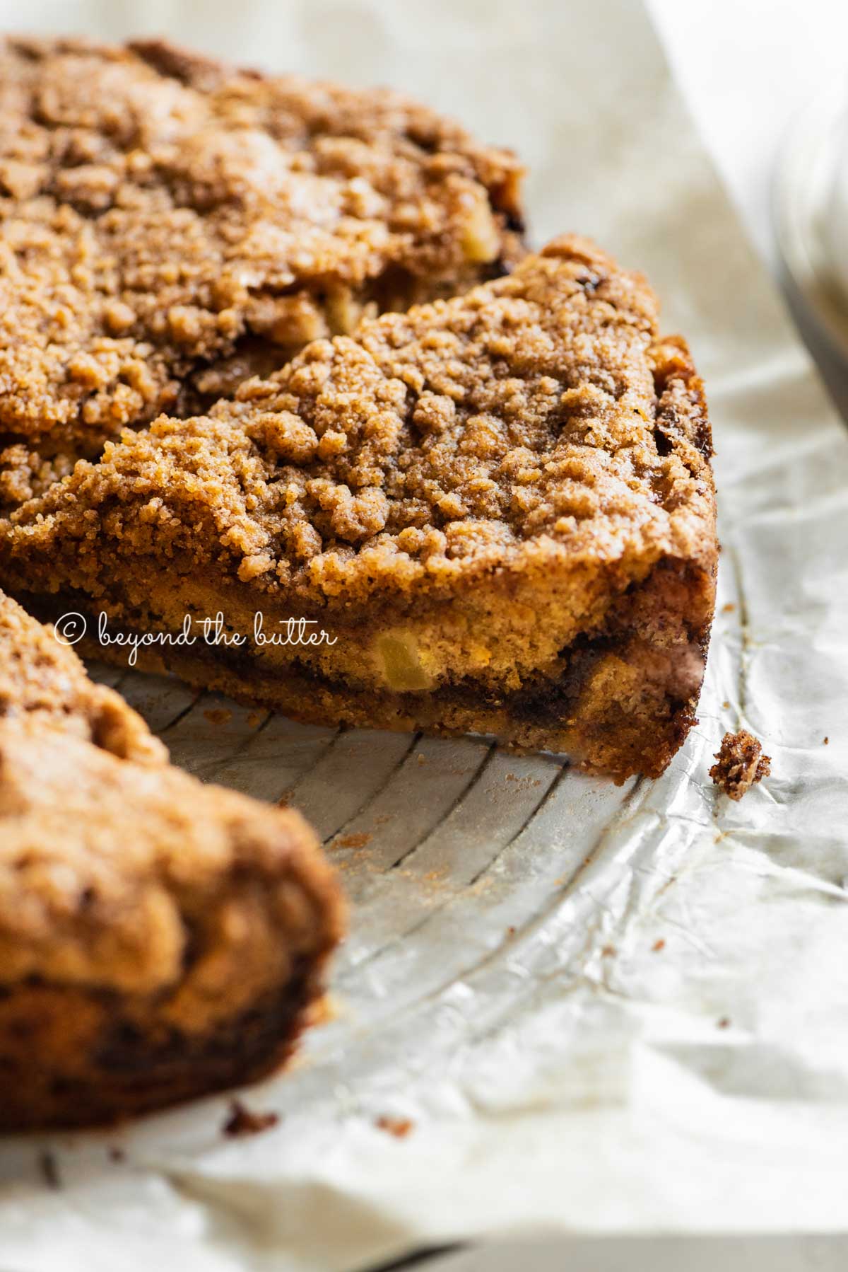 Side view of sliced cinnamon apple coffee cake | All Images © Beyond the Butter™