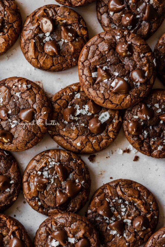 Salted brownie cookies on abstract light brown background.