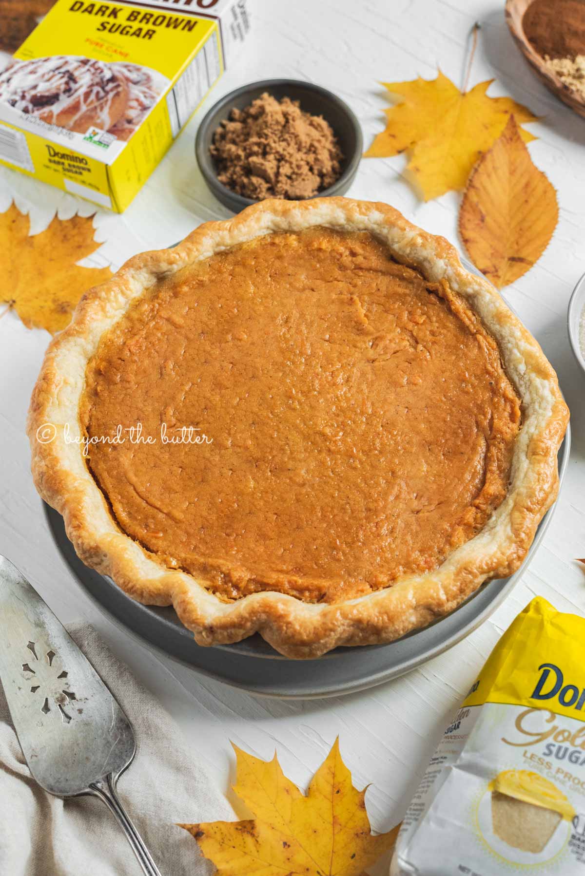 Angled image of brown sugar sweet potato pie without the marshmallow meringue topping with Domino® Sugar products around it | All Images © Beyond the Butter®