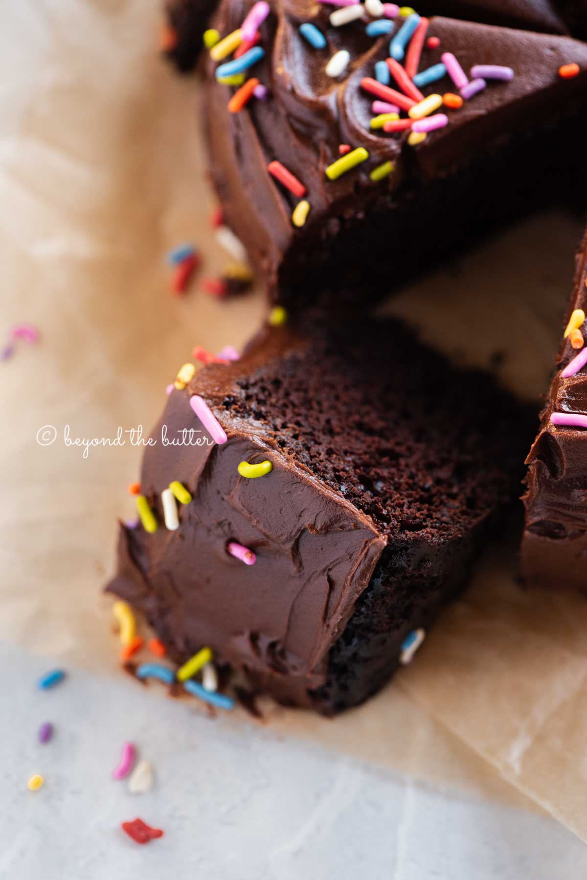 Angled closeup image of single layer chocolate cake with slices cut and randomly placed by the cake | All Images © Beyond the Butter®