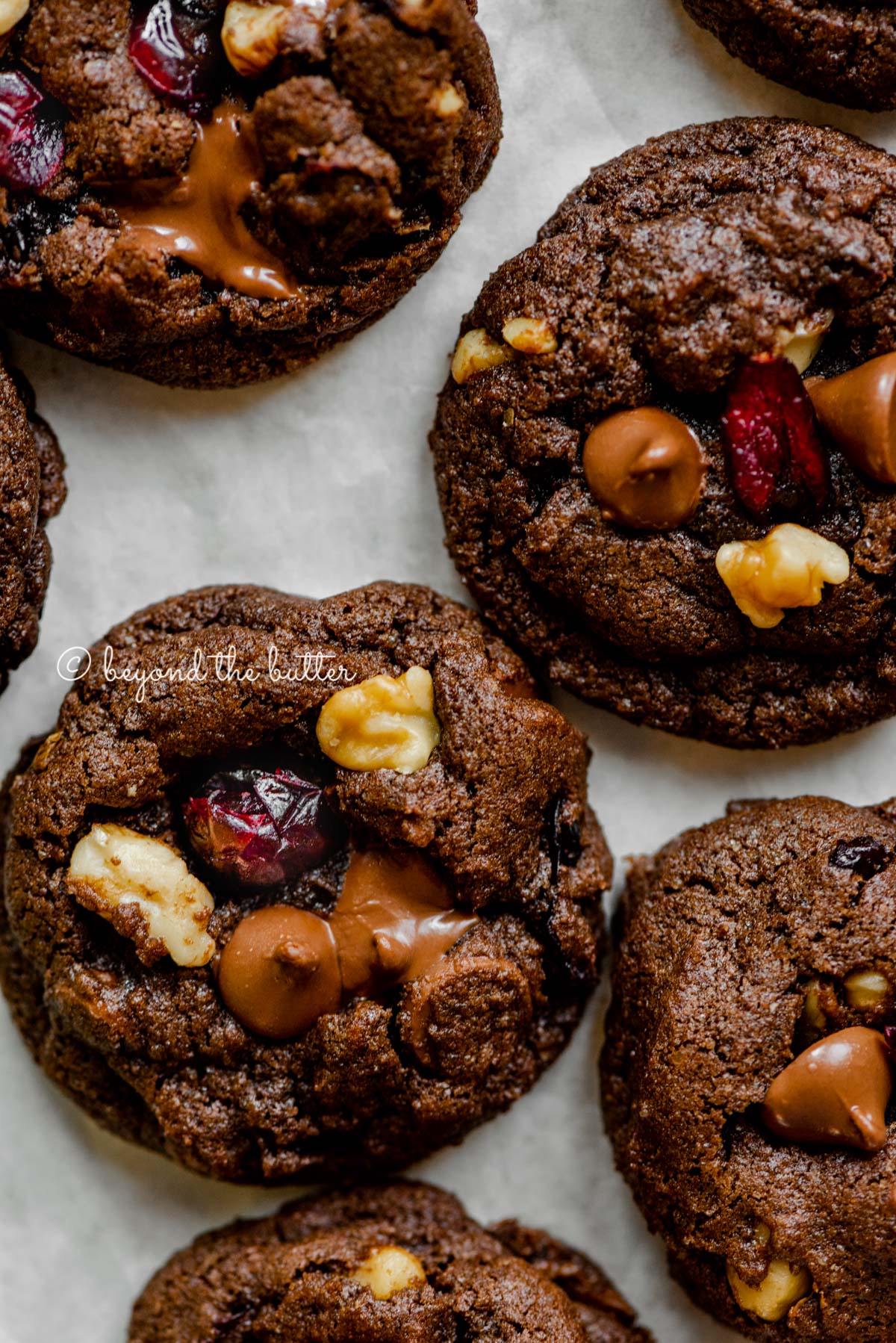 Dark chocolate cranberry walnut cookies on light gray background | All Images © Beyond the Butter®
