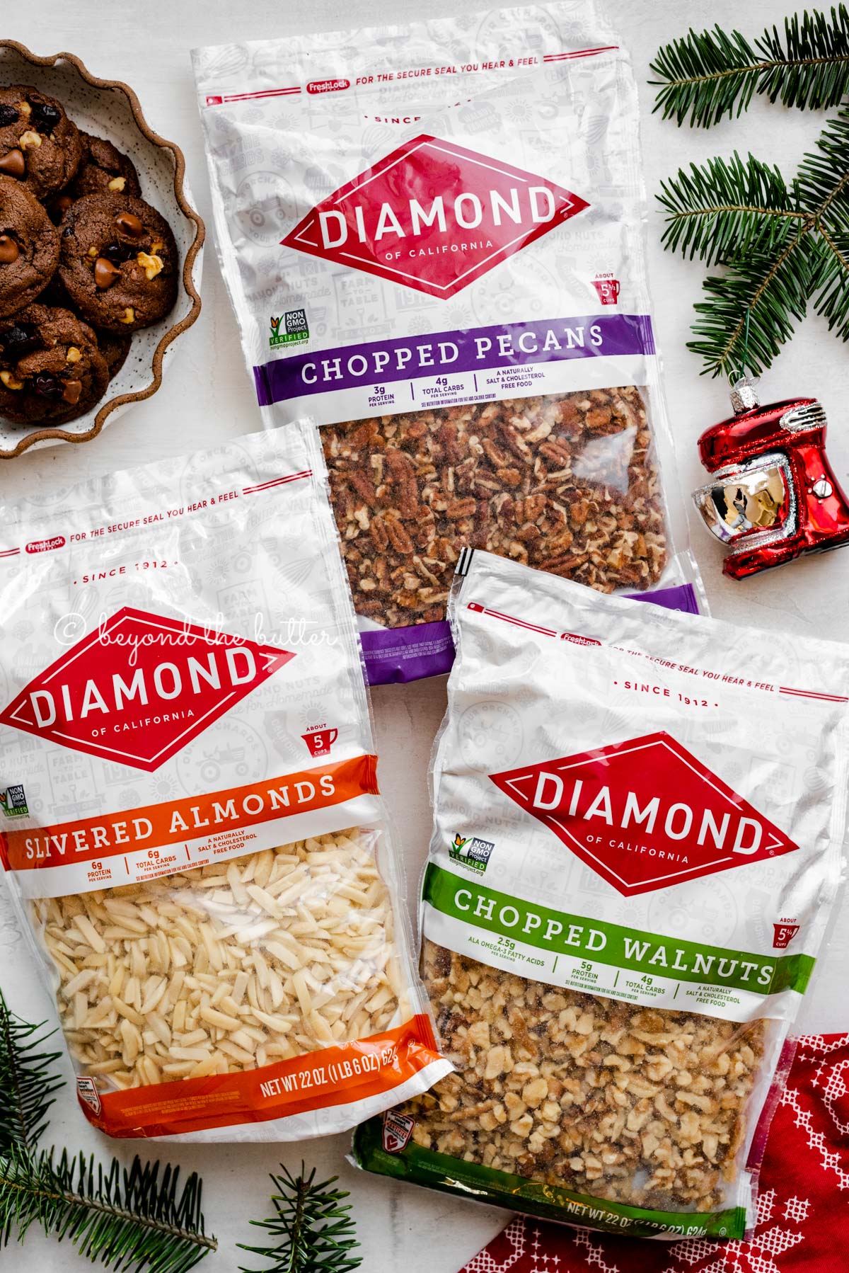 Diamond Nuts Baker's Box of chopped walnuts, chopped pecans, and slivered almonds | All Images © Beyond the Butter®