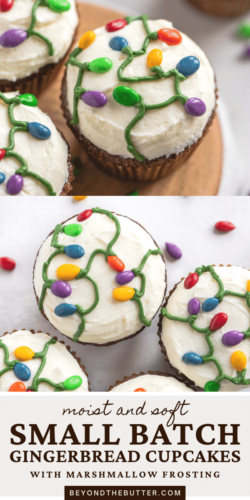 Images of small batch gingerbread cupcakes with marshmallow frosting and decorative lights design from Beyond the Butter®.