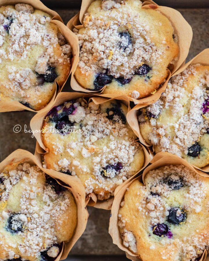 Baking tray filled with bakery style lemon blueberry muffins garnished with slices of lemons and blueberries.