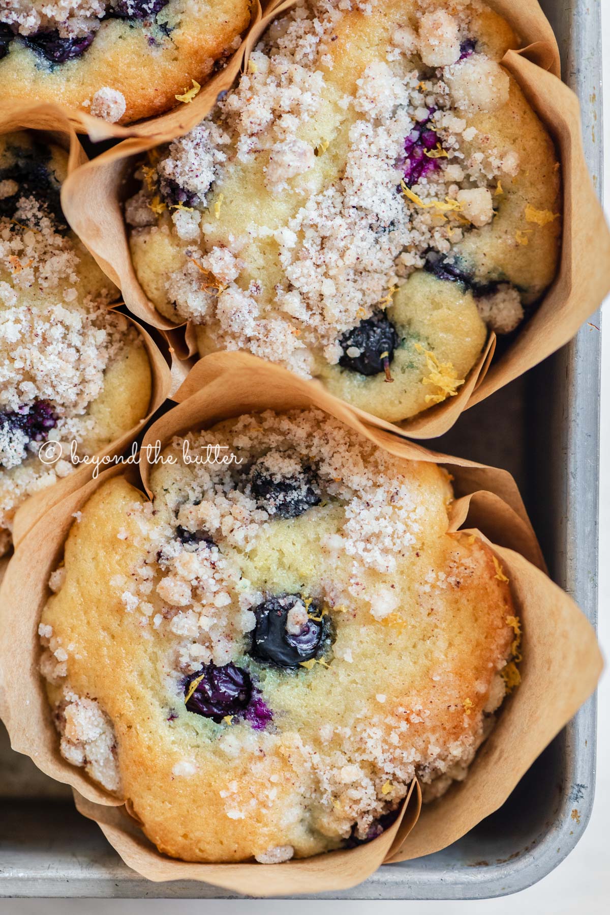 Baking tray filled with bakery style lemon blueberry muffins garnished with slices of lemons and blueberries | All images © Beyond the Butter®