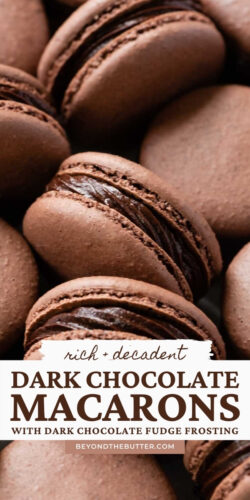 Images of dark chocolate macarons with dark chocolate fudge frosting from Beyond the Butter®.