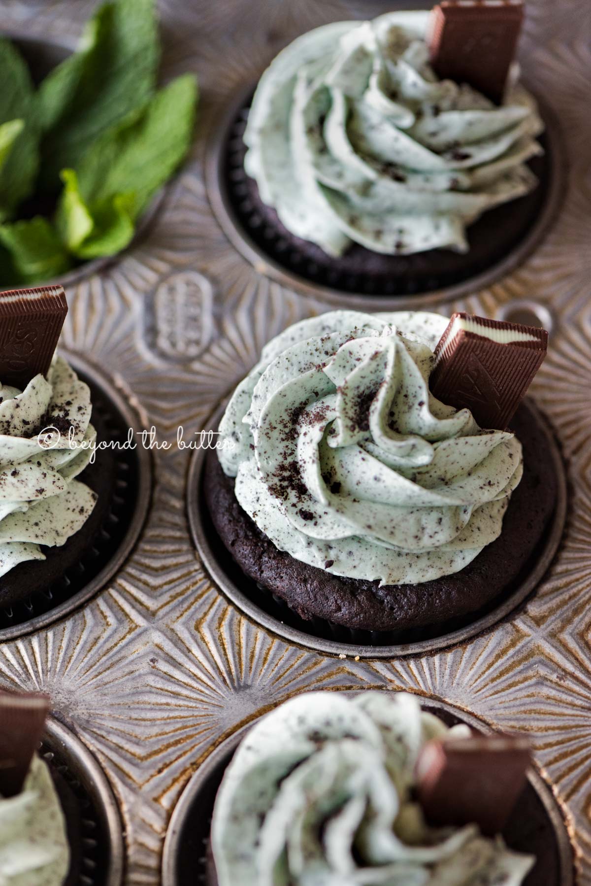 Vintage cupcake tin with mint chocolate cupcakes and mint for decoration | All Images © Beyond the Butter®
