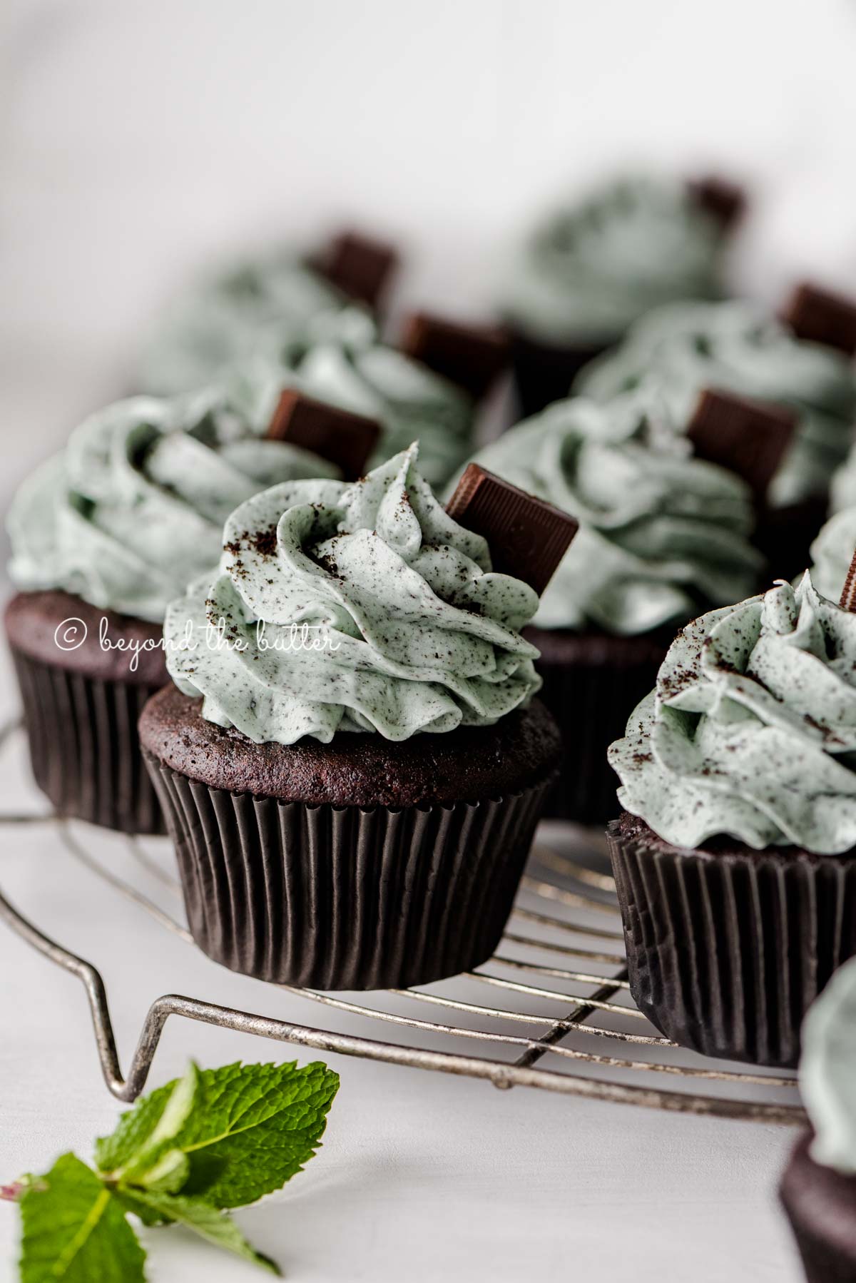 Mint chocolate cupcakes on wire cooling rack garnished with Andes mints and a sprig of mint| All images © Beyond the Butter®