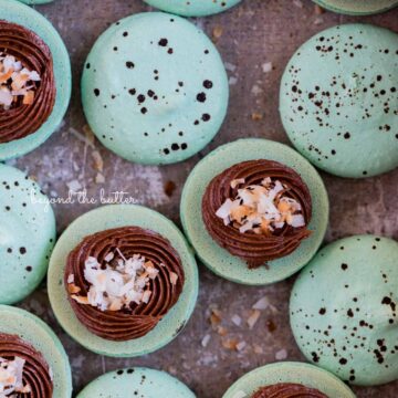 Robin's egg macarons opened and half filled with milk chocolate frosting and toasted coconut flakes in a vintage bake pan | All images © Beyond the Butter®