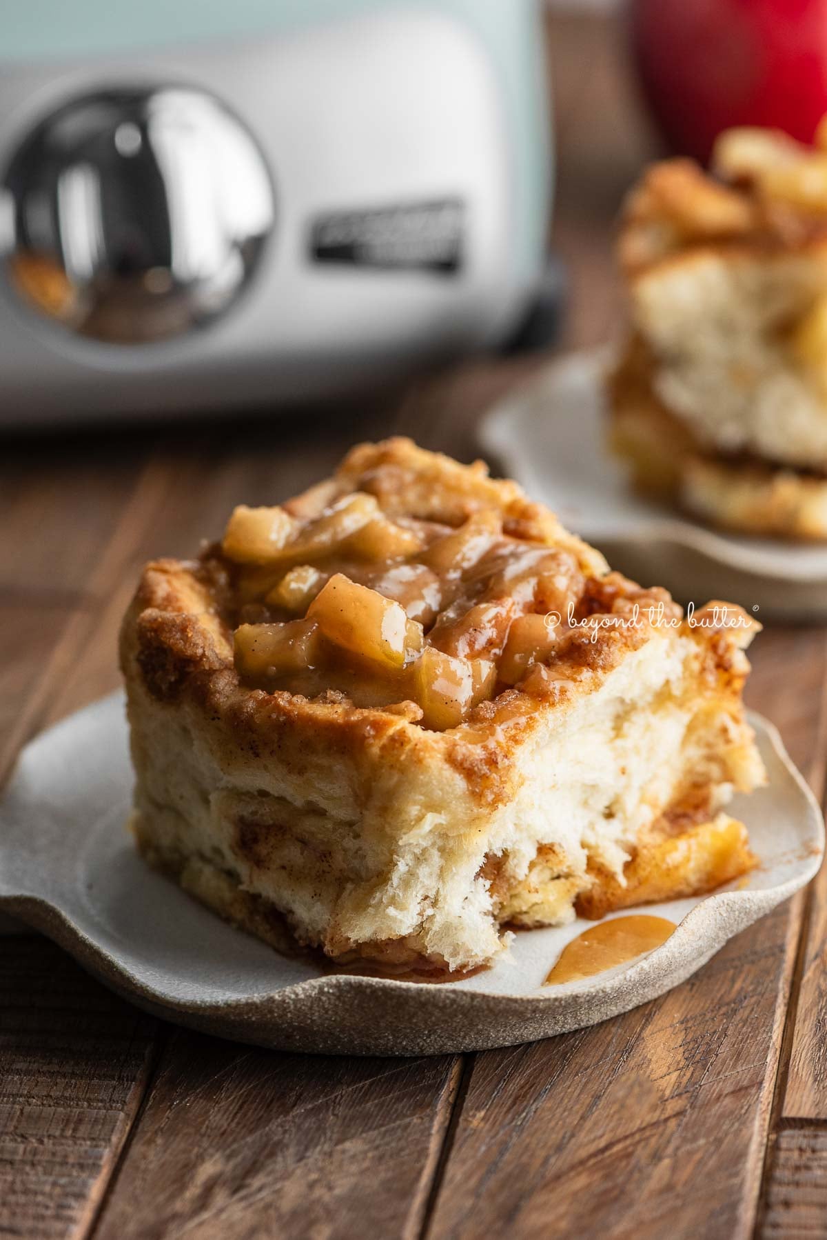 Apple cinnamon rolls on ceramic dessert plates in front of an Ankarsrum Assistent Original Mixer in nordic sage on a dark wood background.
