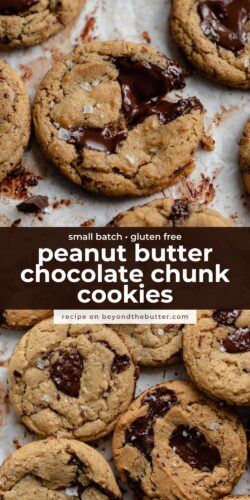 Images of small batch gluten free peanut butter chocolate chunk cookies from Beyond the Butter®.