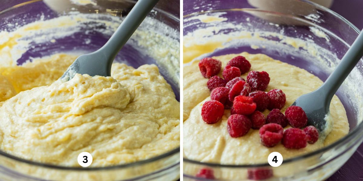 Mixing the lemon raspberry ricotta cake batter in a large glass mixing bowl with a gray spatula then adding in the raspberries.