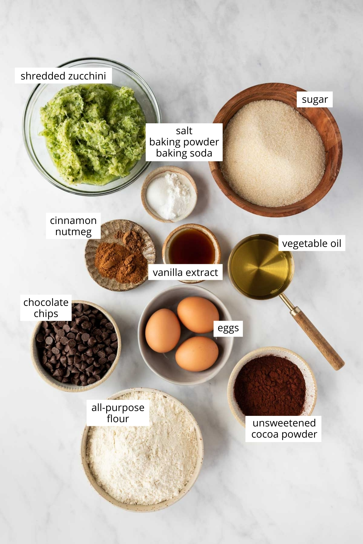 Ingredients needed to make one bowl chocolate zucchini bread from BeyondtheButter.com | © Beyond the Butter®