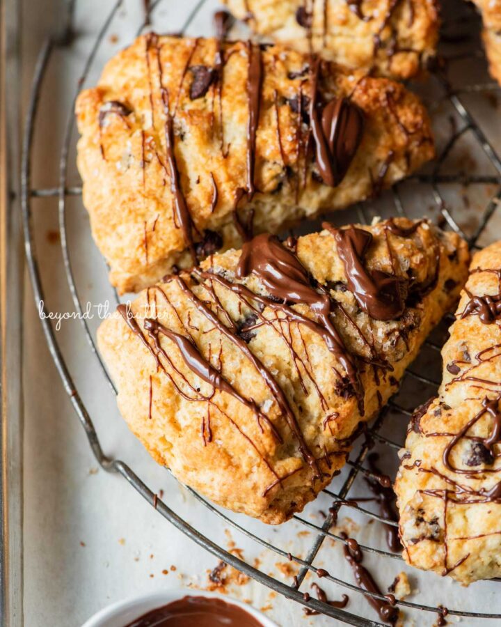 Chocolate chip scones drizzled with melted chocolate on a wire cooling rack.