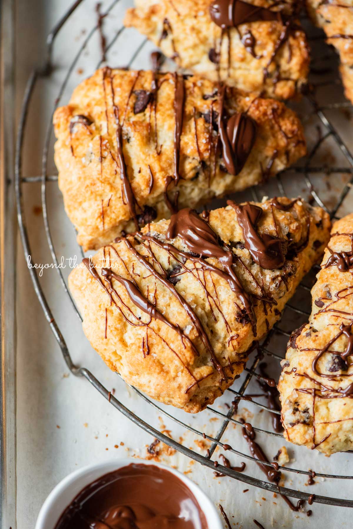 Chocolate chip scones drizzled with melted chocolate on a wire cooling rack.