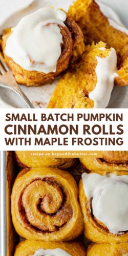 Images of pumpkin cinnamon rolls from Beyond the Butter®.