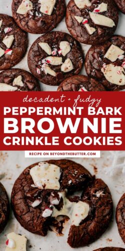Images of baked peppermint bark brownie cookies on a parchment paper lined baking sheet.