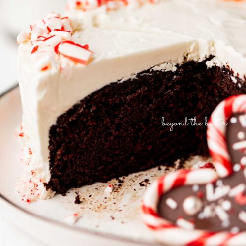 Single layer peppermint chocolate cake sliced with candy cane heart placed on the dessert plate.