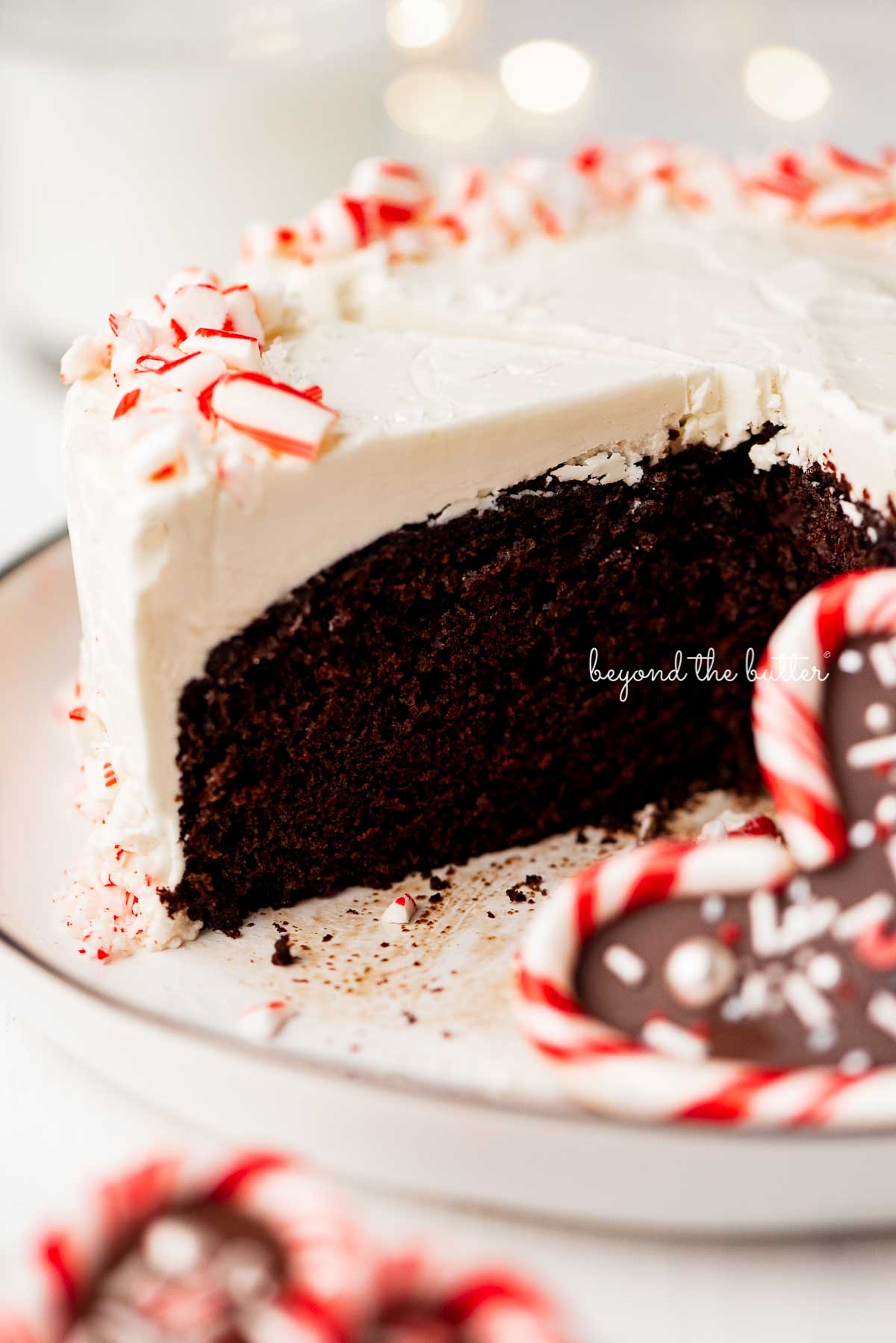 Single layer peppermint chocolate cake sliced with candy cane heart placed on the dessert plate.