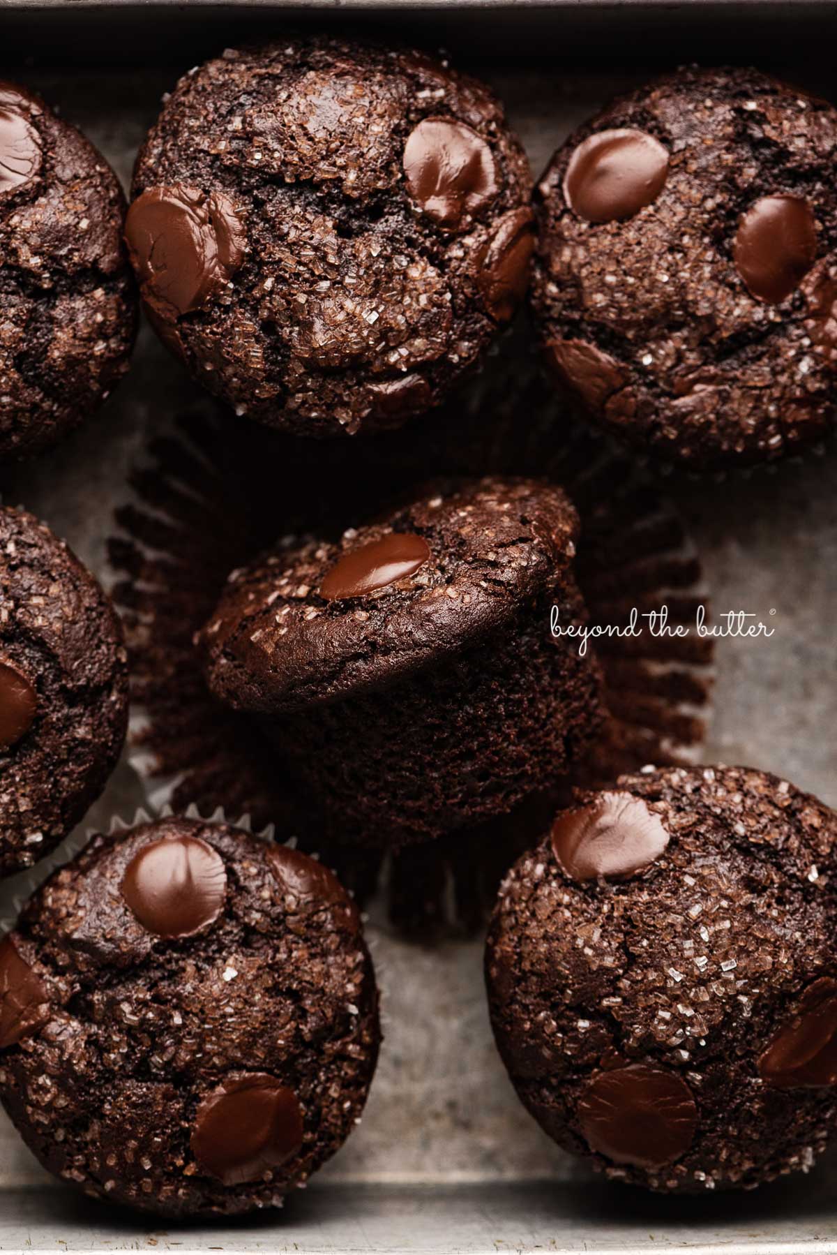 Double chocolate muffins in a vintage baking tin | © Beyond the Butter®