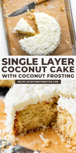 Images of single layer coconut cake with coconut buttercream frosting from BeyondtheButter.com.