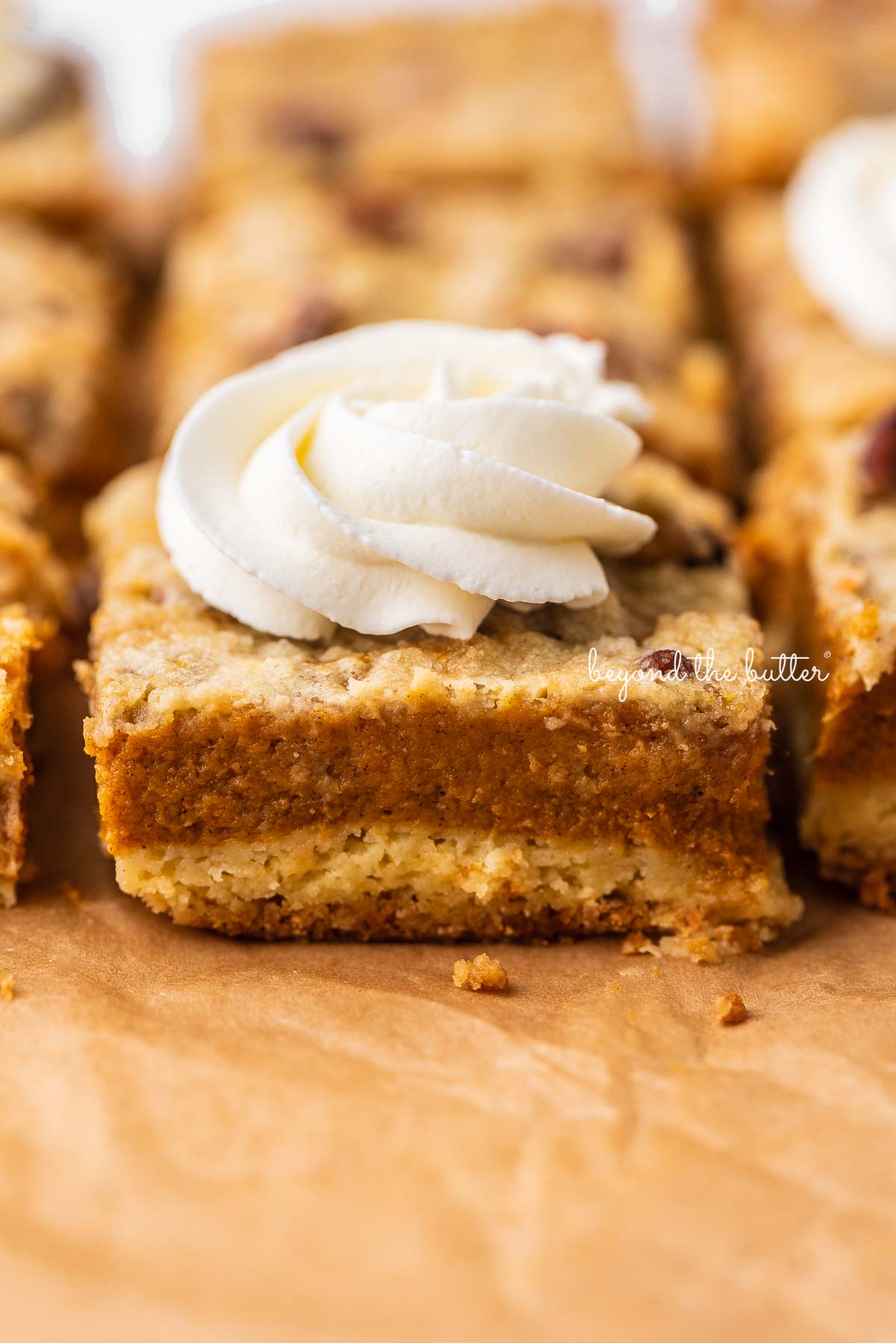 Sliced pumpkin pie cake bars topped with homemade whipped cream on parchment paper background | © Beyond the Butter®