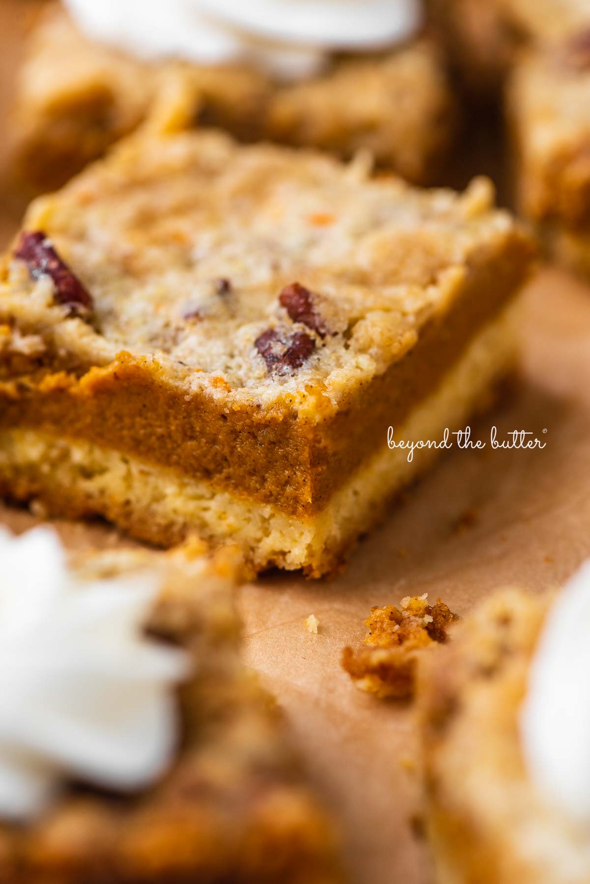 Sliced pumpkin pie cake bars on parchment paper background | © Beyond the Butter®