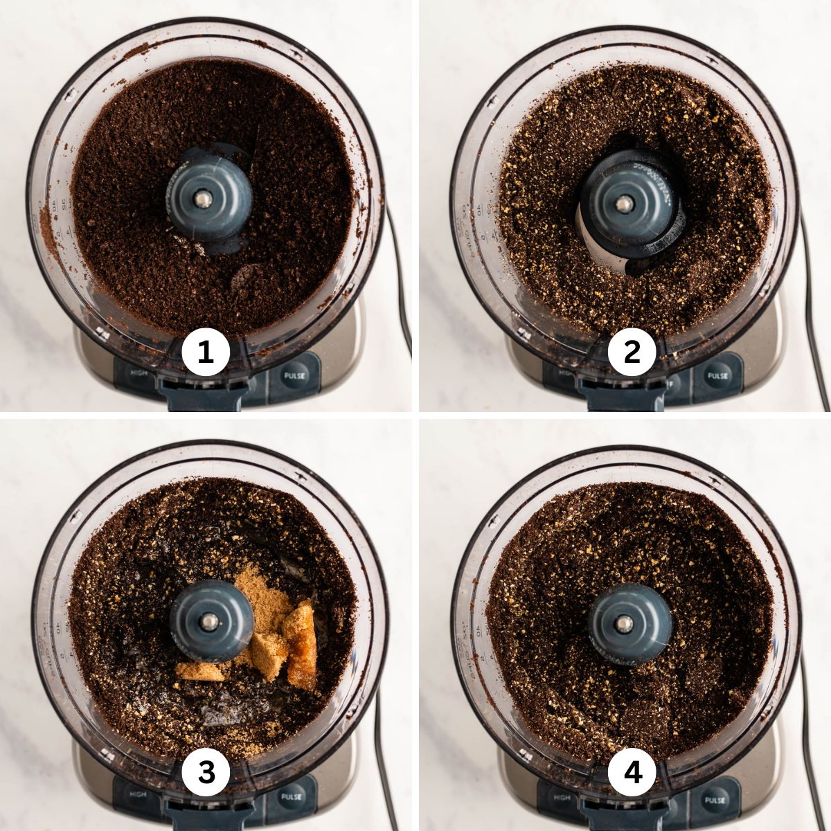 Four overhead images of food processor showing the steps of how to make an oreo cookie crust.