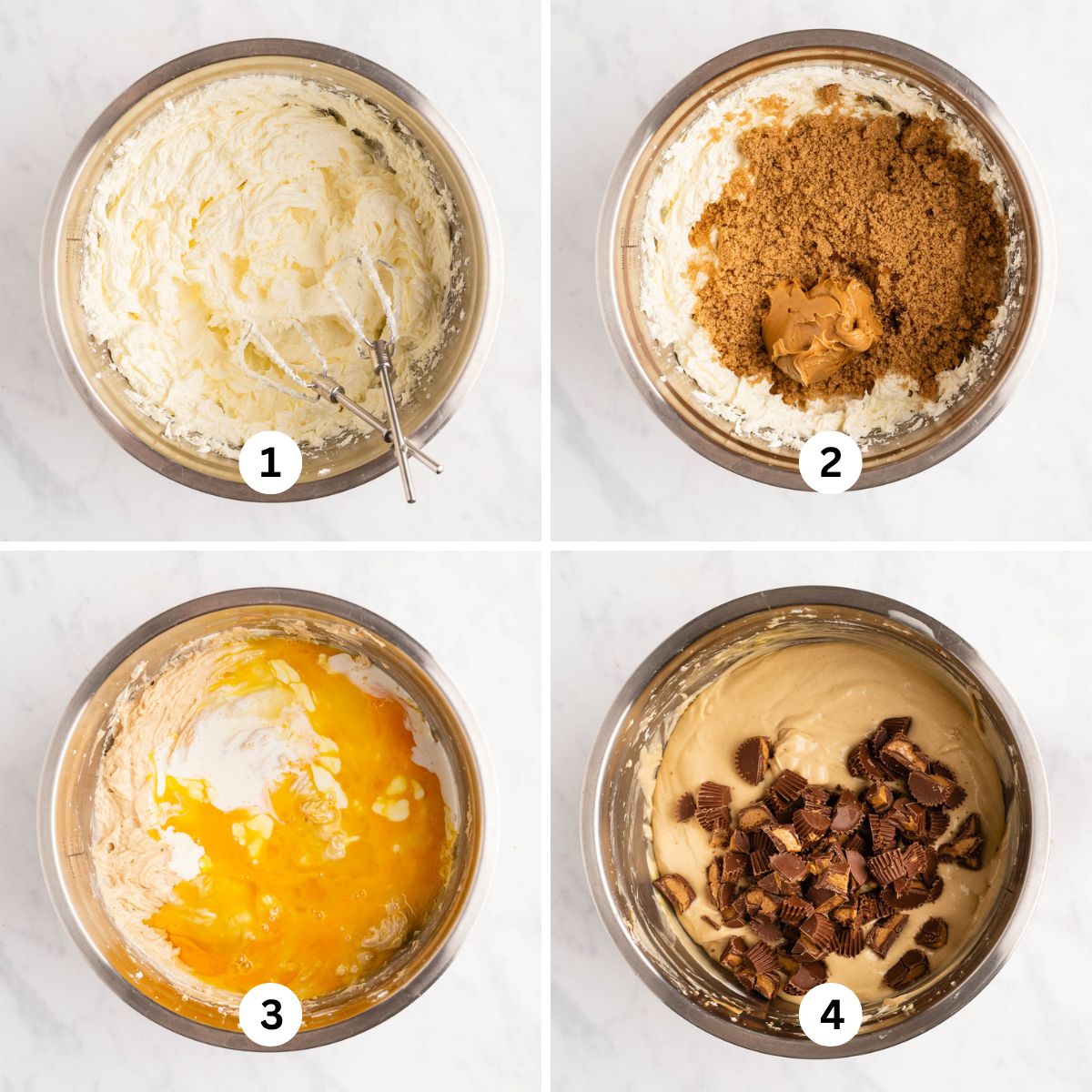 Four overhead images showing the steps of how to make Reese's peanut butter cup cheesecake.