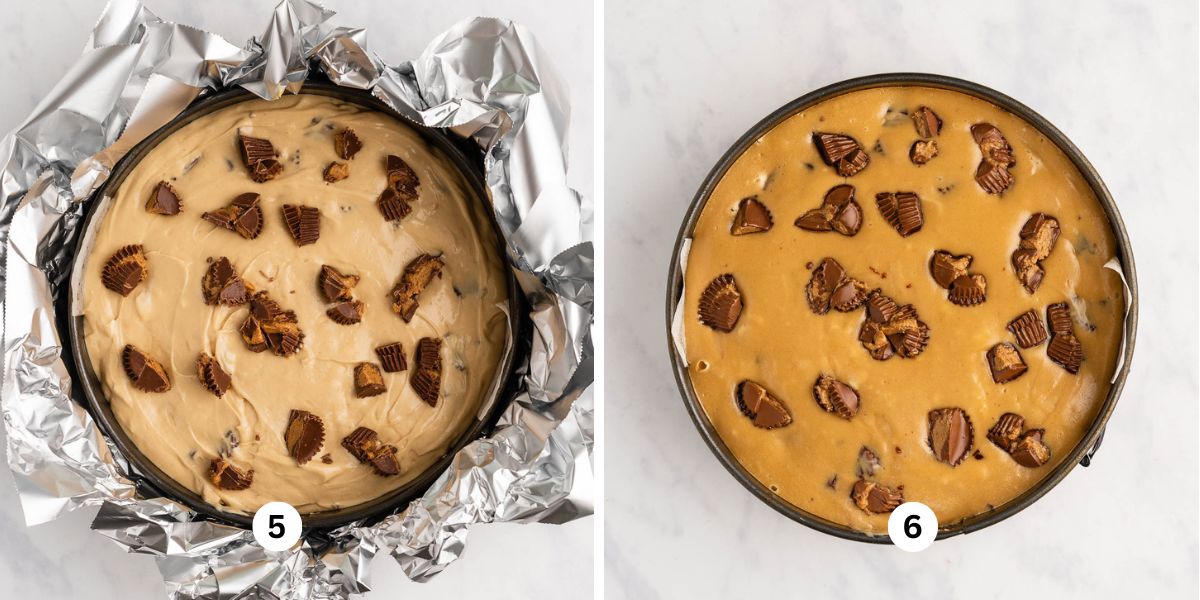 Two overhead images showing how to make Reese's peanut butter cup cheesecake.